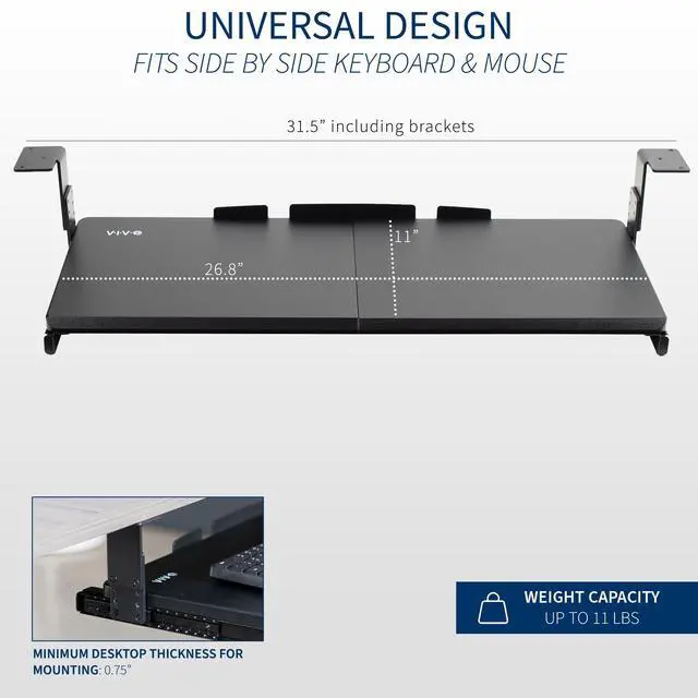 Alt view image 3 of 7 - Large Height Adjustable Under Desk Keyboard Tray, 27 x 11 inch Slide-Out Platform Computer Drawer for Typing, Black, MOUNT-KB27HB