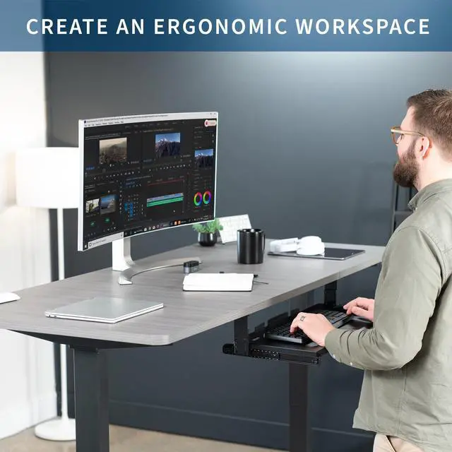 Alt view image 4 of 7 - Large Height Adjustable Under Desk Keyboard Tray, 27 x 11 inch Slide-Out Platform Computer Drawer for Typing, Black, MOUNT-KB27HB