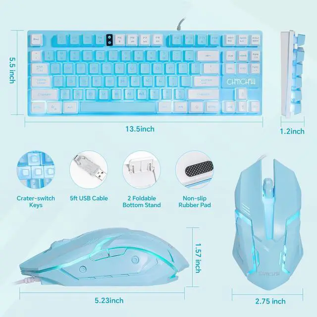 Alt view image 2 of 7 - Blue Keyboard and Mouse Combo, 87 Keys TKL USB Wired LED Light Up Backlit Keyboard, 800-3200 DPI RGB Mouse, Blue Mouse and Keyboard Combo for PS4 PS5 PC Laptop Mac Computers