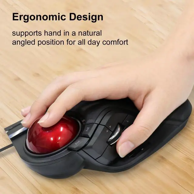 Alt view image 2 of 7 - Trackball Mouse, Wired, Finger-Operated, 8-Button Function, Palm Rest Attached, 52mm Smooth Red Ball Windows11, macOS (M-HT1URBK)