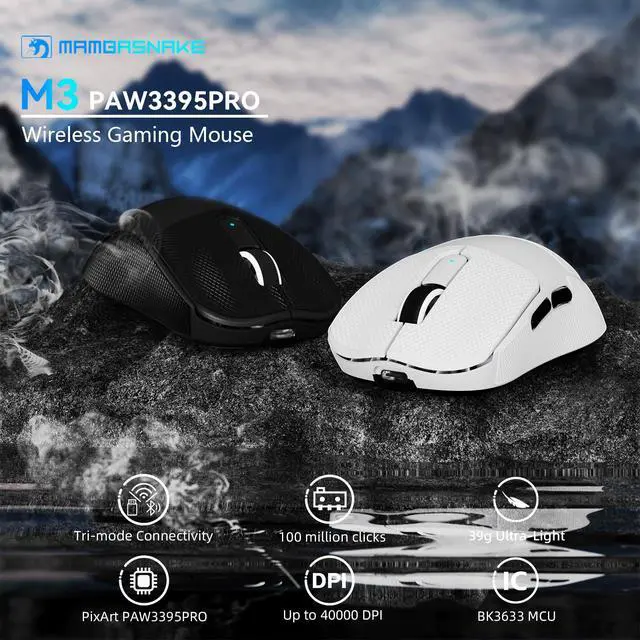 Alt view image 2 of 7 - Wireless Gaming Mouse,40K DPI,39g Lightweight Gaming Mouse,PAW3395PRO Optical Sensor,Tri-Mode BT5.1/2.4G/USB-C PC Game Mice,Programmable Buttons,300mAh Battery for PC/Laptop/Mac-Griptape