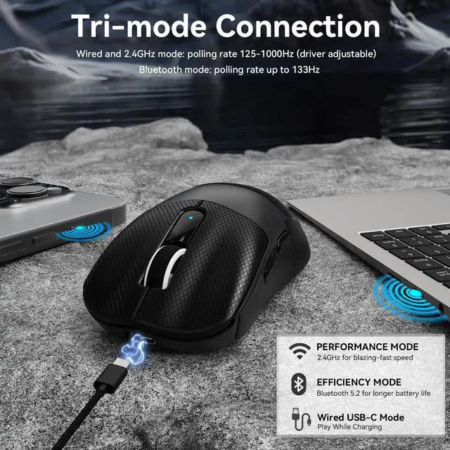 Alt view image 5 of 7 - Wireless Gaming Mouse,40K DPI,39g Lightweight Gaming Mouse,PAW3395PRO Optical Sensor,Tri-Mode BT5.1/2.4G/USB-C PC Game Mice,Programmable Buttons,300mAh Battery for PC/Laptop/Mac-Griptape