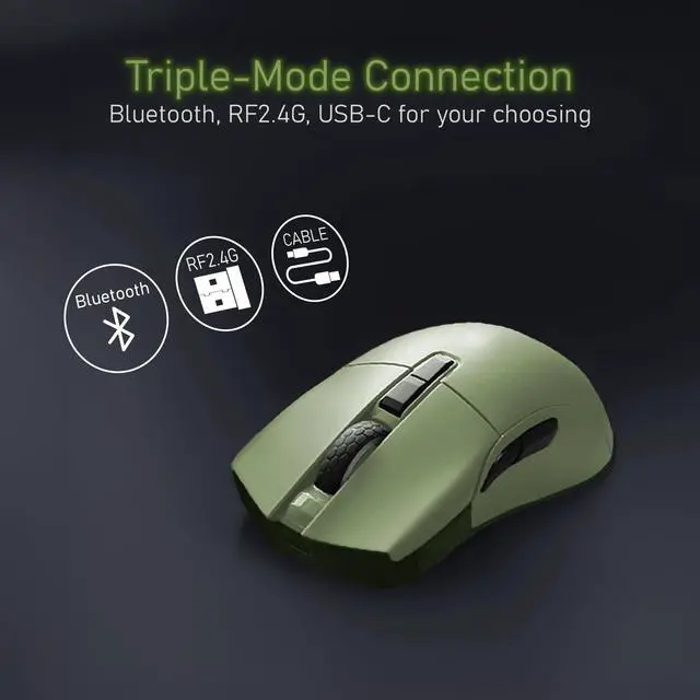 Alt view image 2 of 7 - Wireless Gaming Mouse, Triple Mode 2.4G/ Bluetooth/USB-C Detachable Cable Gaming Mouse, Kailh GM8.0 Mouse Switches, Advanced PixArt PAW3395 Optical Sensor, Up to 26,000 DPI - Olive Green