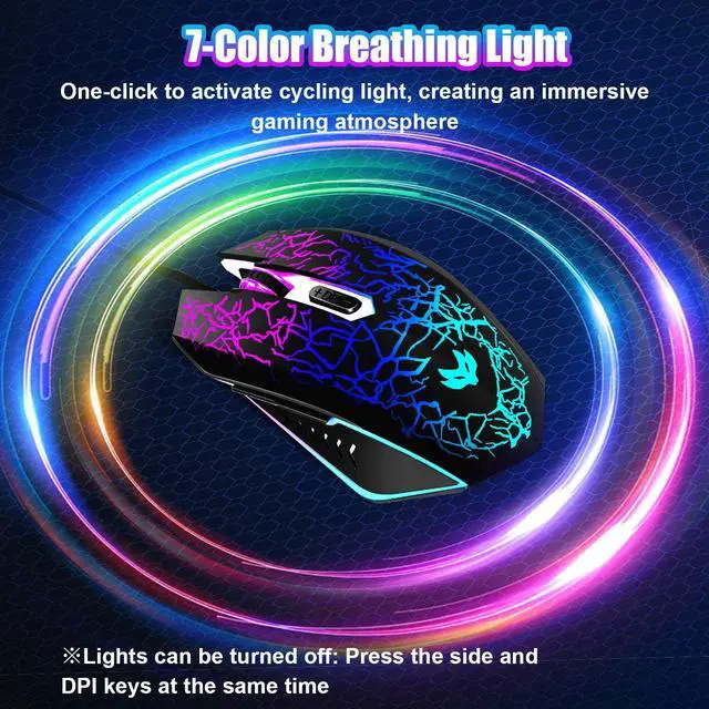 Alt view image 4 of 7 - Wired Gaming Mouse, 4-Color LED Light Computer Mouse, Ergonomic Mouse with 6 Silent Click Buttons, 3 Adjustable 2400 DPI USB Wired Mouse for Laptop, PC, Mac, Black