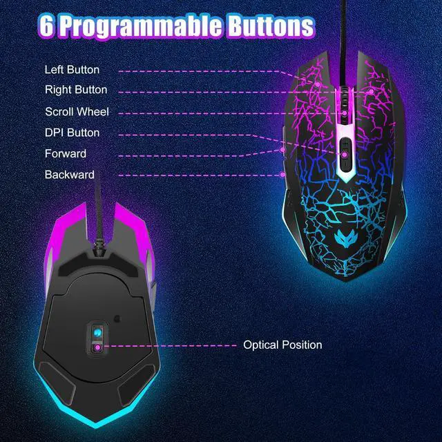 Alt view image 7 of 7 - Wired Gaming Mouse, 4-Color LED Light Computer Mouse, Ergonomic Mouse with 6 Silent Click Buttons, 3 Adjustable 2400 DPI USB Wired Mouse for Laptop, PC, Mac, Black