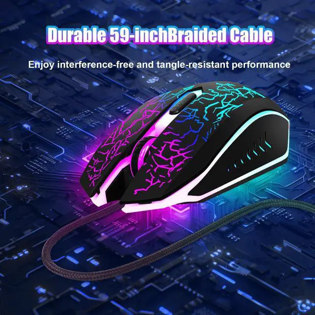 Alt view image 6 of 7 - Wired Gaming Mouse, 4-Color LED Light Computer Mouse, Ergonomic Mouse with 6 Silent Click Buttons, 3 Adjustable 2400 DPI USB Wired Mouse for Laptop, PC, Mac, Black