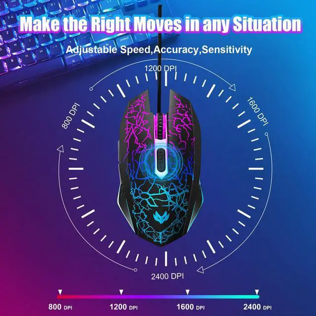 Alt view image 3 of 7 - Wired Gaming Mouse, 4-Color LED Light Computer Mouse, Ergonomic Mouse with 6 Silent Click Buttons, 3 Adjustable 2400 DPI USB Wired Mouse for Laptop, PC, Mac, Black