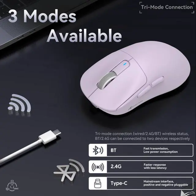 Alt view image 4 of 7 - Wireless Gaming Mouse, 49g Ultralight, PixArt PAW3395 26000 DPI, Bluetooth/2.4Ghz /Wired Tri-Mode, 200Hrs Rechargeable Battery, Kailh GM8.0 Switch for PC/MAC/Win - Purple
