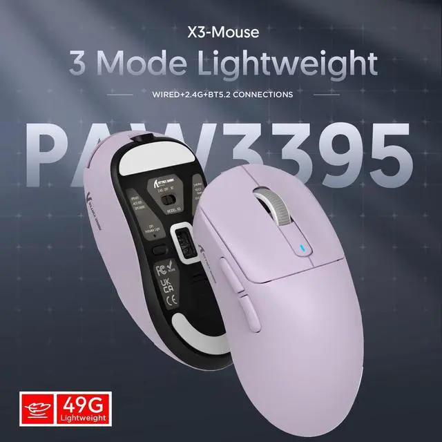 Alt view image 6 of 7 - Wireless Gaming Mouse, 49g Ultralight, PixArt PAW3395 26000 DPI, Bluetooth/2.4Ghz /Wired Tri-Mode, 200Hrs Rechargeable Battery, Kailh GM8.0 Switch for PC/MAC/Win - Purple