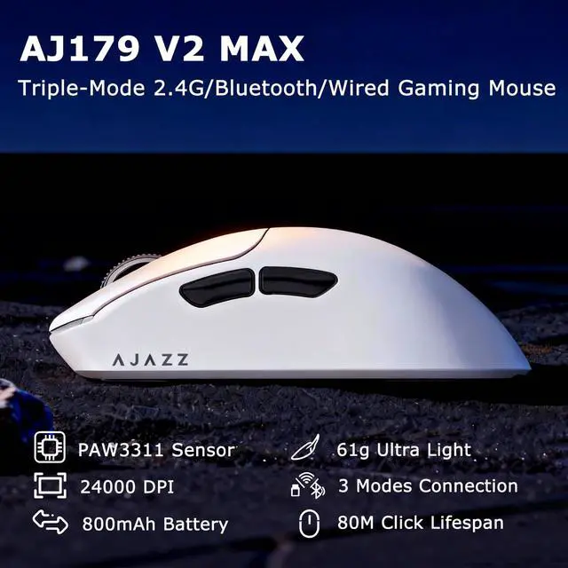 Alt view image 2 of 7 - Wireless Gaming Mouse, Tri-Mode 2.4G/Bluetooth/Wired, 800mAh Battery Inside a 61g Ultra-Light Shell, 24000 DPI, 6 Programmable Buttons, Right-Handed Ergonomic, On-Board Memory White