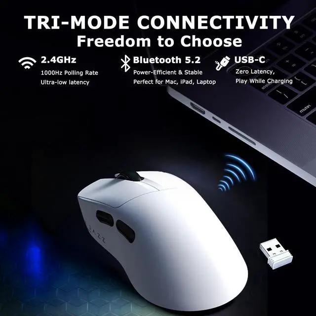 Alt view image 4 of 7 - Wireless Gaming Mouse, Tri-Mode 2.4G/Bluetooth/Wired, 800mAh Battery Inside a 61g Ultra-Light Shell, 24000 DPI, 6 Programmable Buttons, Right-Handed Ergonomic, On-Board Memory White