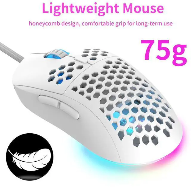 Alt view image 2 of 7 - Ultralight Honeycomb Gaming Mouse Wired, 75g Lightweight, 12,800 DPI Optical Sensor, RGB Lighting with Music Sync, 6 Programmable Buttons, Braided Cable, Gaming Mouse for PC/Mac, White