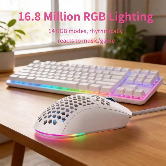 Alt view image 3 of 7 - Ultralight Honeycomb Gaming Mouse Wired, 75g Lightweight, 12,800 DPI Optical Sensor, RGB Lighting with Music Sync, 6 Programmable Buttons, Braided Cable, Gaming Mouse for PC/Mac, White