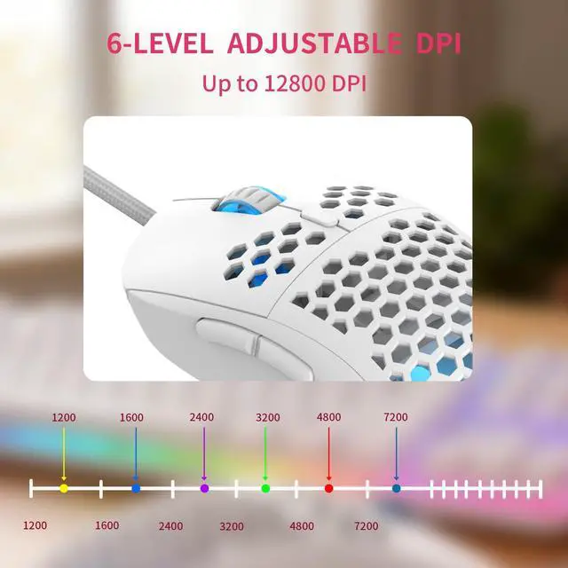 Alt view image 4 of 7 - Ultralight Honeycomb Gaming Mouse Wired, 75g Lightweight, 12,800 DPI Optical Sensor, RGB Lighting with Music Sync, 6 Programmable Buttons, Braided Cable, Gaming Mouse for PC/Mac, White