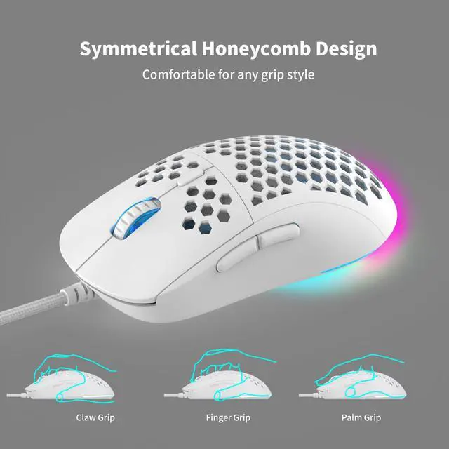 Alt view image 5 of 7 - Ultralight Honeycomb Gaming Mouse Wired, 75g Lightweight, 12,800 DPI Optical Sensor, RGB Lighting with Music Sync, 6 Programmable Buttons, Braided Cable, Gaming Mouse for PC/Mac, White