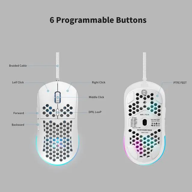 Alt view image 6 of 7 - Ultralight Honeycomb Gaming Mouse Wired, 75g Lightweight, 12,800 DPI Optical Sensor, RGB Lighting with Music Sync, 6 Programmable Buttons, Braided Cable, Gaming Mouse for PC/Mac, White