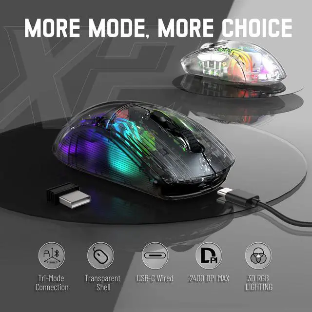 Alt view image 2 of 7 - Wireless Gaming Mouse PC Transparent Shell Computer Mice with Dual Mode BT5.0/2.4G,PixArt Chip 3D RGB Lighting,Ergonomic 7 Buttons,Rechargeable Mute Mouse for PC Laptop Tablet PS4 PS5 Xbox one