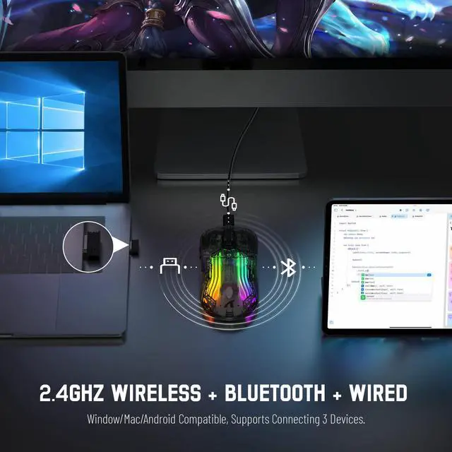 Alt view image 4 of 7 - Wireless Gaming Mouse PC Transparent Shell Computer Mice with Dual Mode BT5.0/2.4G,PixArt Chip 3D RGB Lighting,Ergonomic 7 Buttons,Rechargeable Mute Mouse for PC Laptop Tablet PS4 PS5 Xbox one
