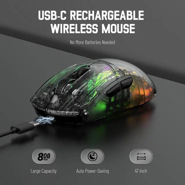 Alt view image 5 of 7 - Wireless Gaming Mouse PC Transparent Shell Computer Mice with Dual Mode BT5.0/2.4G,PixArt Chip 3D RGB Lighting,Ergonomic 7 Buttons,Rechargeable Mute Mouse for PC Laptop Tablet PS4 PS5 Xbox one