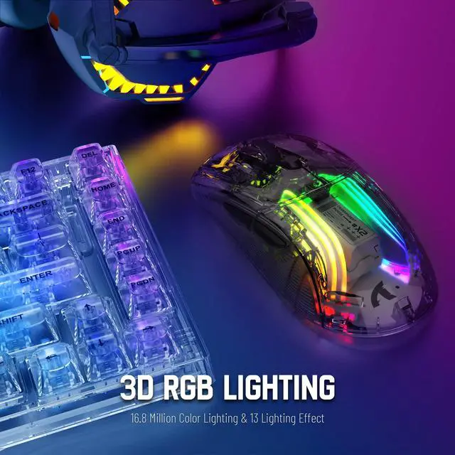 Alt view image 6 of 7 - Wireless Gaming Mouse PC Transparent Shell Computer Mice with Dual Mode BT5.0/2.4G,PixArt Chip 3D RGB Lighting,Ergonomic 7 Buttons,Rechargeable Mute Mouse for PC Laptop Tablet PS4 PS5 Xbox one