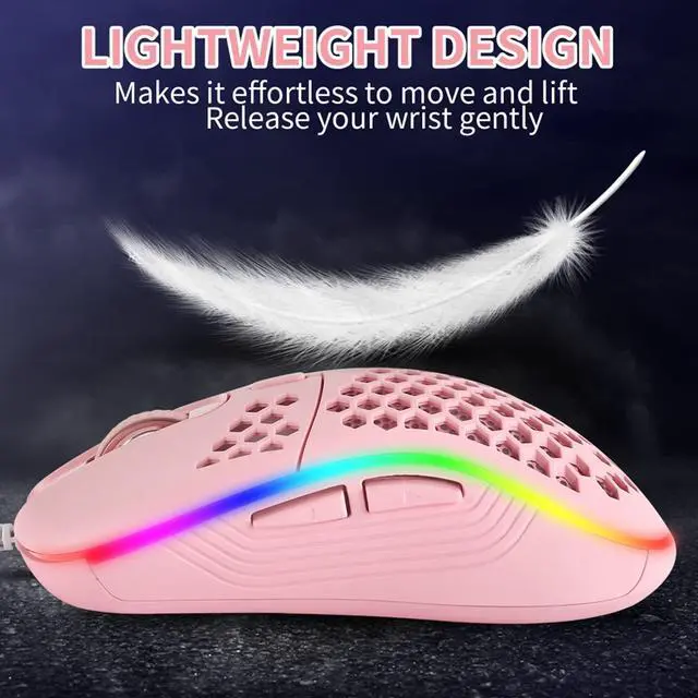 Alt view image 2 of 6 - Honeycomb Wired Gaming Mouse with RGB On/Off Switch, 7200 Adjustable DPI, Ergonomic Lightweight Design & High Precision Sensor for PC/Mac Gamers (Pink)