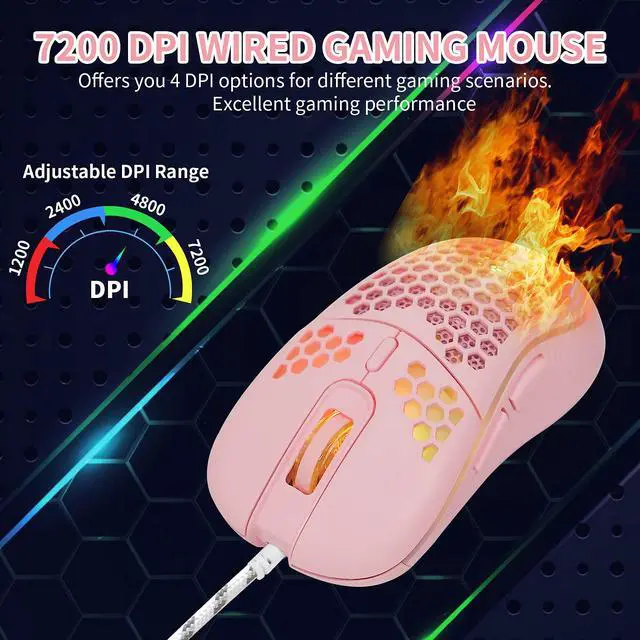 Alt view image 3 of 6 - Honeycomb Wired Gaming Mouse with RGB On/Off Switch, 7200 Adjustable DPI, Ergonomic Lightweight Design & High Precision Sensor for PC/Mac Gamers (Pink)