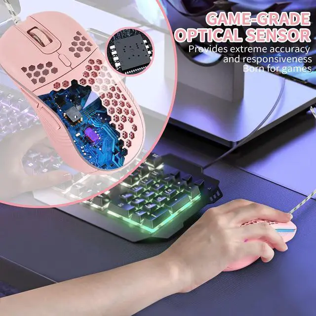 Alt view image 5 of 6 - Honeycomb Wired Gaming Mouse with RGB On/Off Switch, 7200 Adjustable DPI, Ergonomic Lightweight Design & High Precision Sensor for PC/Mac Gamers (Pink)