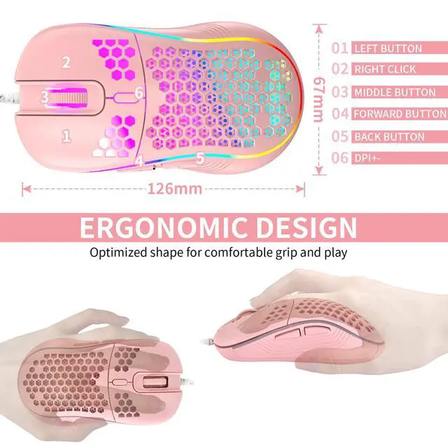 Alt view image 6 of 6 - Honeycomb Wired Gaming Mouse with RGB On/Off Switch, 7200 Adjustable DPI, Ergonomic Lightweight Design & High Precision Sensor for PC/Mac Gamers (Pink)