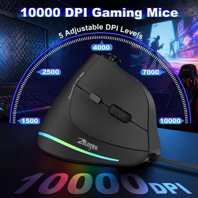 Alt view image 2 of 6 - Gaming Mouse with 5 D Rocker, Vertical Ergonomic Mouse with 11 Programmable Buttons, 10000 DPI, On-Board Memory, Optical Computer Mice for PC/Laptop/E-Sports/Gamer (Wired)