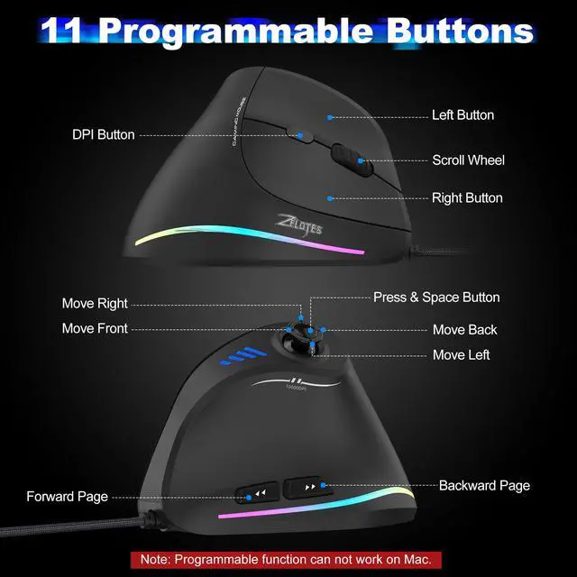 Alt view image 5 of 6 - Gaming Mouse with 5 D Rocker, Vertical Ergonomic Mouse with 11 Programmable Buttons, 10000 DPI, On-Board Memory, Optical Computer Mice for PC/Laptop/E-Sports/Gamer (Wired)