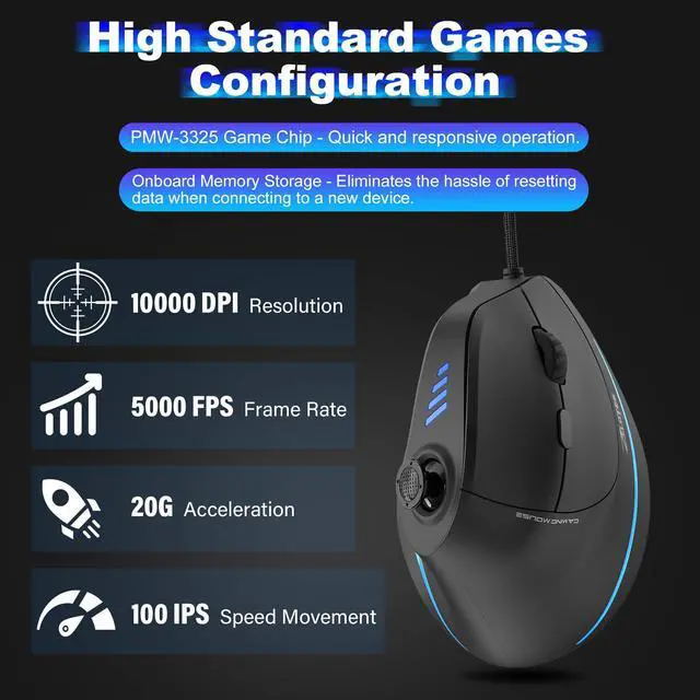 Alt view image 6 of 6 - Gaming Mouse with 5 D Rocker, Vertical Ergonomic Mouse with 11 Programmable Buttons, 10000 DPI, On-Board Memory, Optical Computer Mice for PC/Laptop/E-Sports/Gamer (Wired)