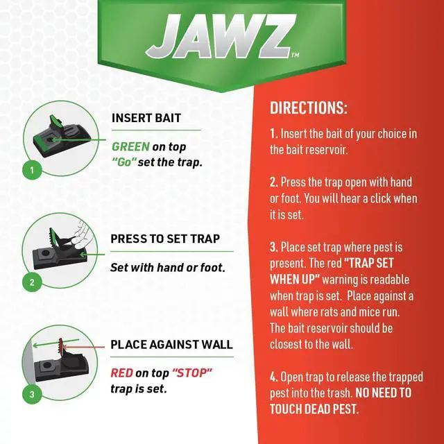 Alt view image 7 of 7 - Jawz Indoor Plastic Mouse Trap for Solid or Liquid Bait, Instant Kill Mouse Traps, No-Touch Disposal with Trap Set Indicator 12-Pack
