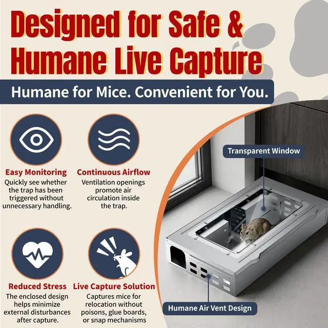 Alt view image 5 of 7 - Heavy Duty Humane Mouse Trap, Mechanical Catch Design, Easy Set & Reusable Rat Trap for Indoor & Outdoor Home Use