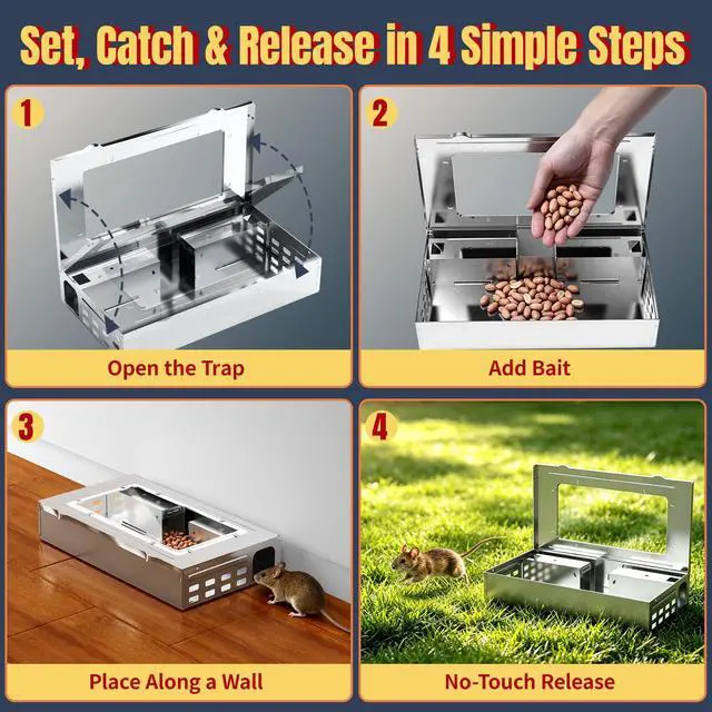 Alt view image 6 of 7 - Heavy Duty Humane Mouse Trap, Mechanical Catch Design, Easy Set & Reusable Rat Trap for Indoor & Outdoor Home Use