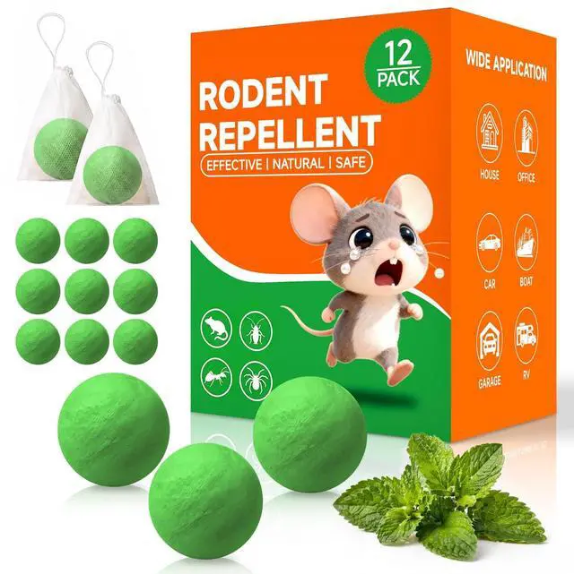 Main image of Rodent Mouse Repellent 12 Pack, Peppermint Oil Rodent Repellent Balls, Safe for Family & Pets, Indoor & Outdoor Moth Balls for Mice Rat Roach Spider Ant Squirrel, for Home Garage Basement Kitchen