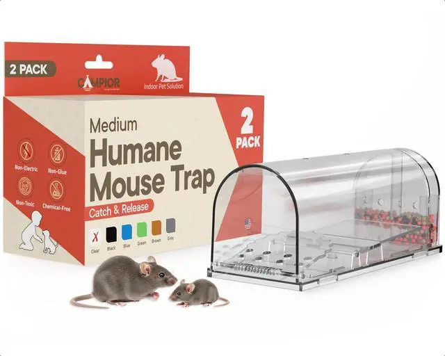 Main image of Humane Mouse Trap Pack of 2, Live Mouse Traps Catch and Release for Indoors & Outdoors, Pet & Child Safe, 6.69" Reusable Plastic Mouse Cage with Spring Door, Cleaning Brush Included, Clear