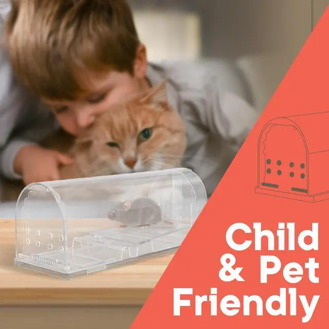 Alt view image 6 of 7 - Humane Mouse Trap Pack of 2, Live Mouse Traps Catch and Release for Indoors & Outdoors, Pet & Child Safe, 6.69" Reusable Plastic Mouse Cage with Spring Door, Cleaning Brush Included, Clear