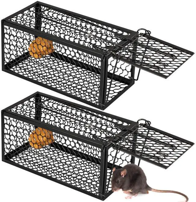 Main image of Pcs Humane Rat Trap Chipmunk Rodent Mouse Squirrel Trap 9.1 x 4.5 x 4.5 Inches Live Animal Mouse Voles Hamsters Live Cage Rat Cage for Mice Easy to Catch and Release (Black)