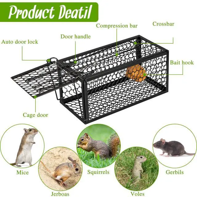 Alt view image 2 of 7 - Pcs Humane Rat Trap Chipmunk Rodent Mouse Squirrel Trap 9.1 x 4.5 x 4.5 Inches Live Animal Mouse Voles Hamsters Live Cage Rat Cage for Mice Easy to Catch and Release (Black)