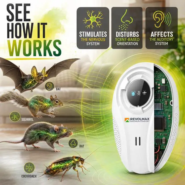 Alt view image 4 of 7 - Ultrasonic Pest Control Repeller - Electronic & Ultrasound, Indoor Plug-in Repellent - Get rid of - Rodents, Mice, Squirrels, Bats, Insects, Bed Bugs, Ants, Fleas, Spiders, Roaches (2 Pack)