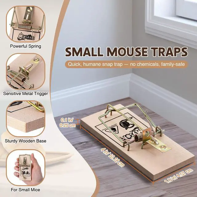 Alt view image 3 of 7 - Pack Wooden Mouse Traps, Humane Rat Trap with Metal Pedal, Sturdy Wood Base, Heavy Duty Reusable Mousetraps for Fast Capture of Mice, Rats & Rodents, Safe for Indoor & Outdoor Use