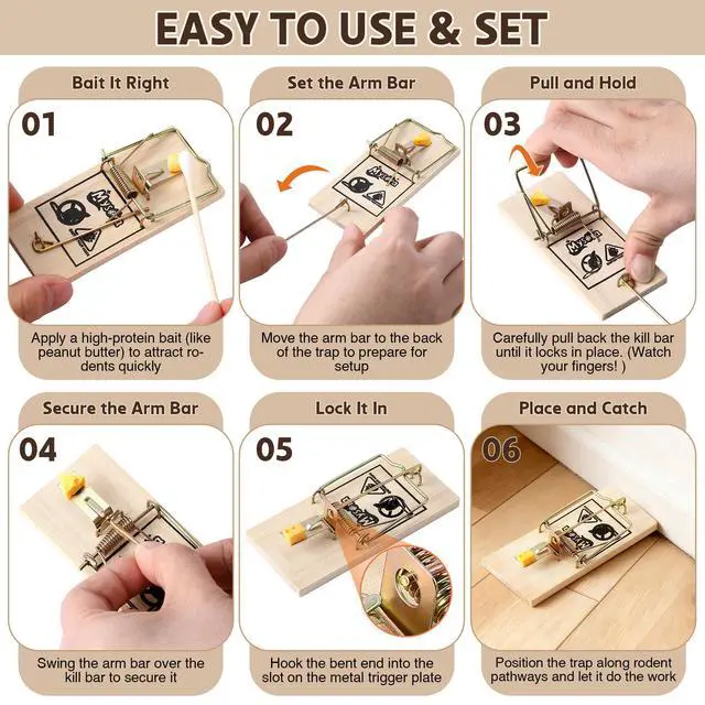Alt view image 6 of 7 - Pack Wooden Mouse Traps, Humane Rat Trap with Metal Pedal, Sturdy Wood Base, Heavy Duty Reusable Mousetraps for Fast Capture of Mice, Rats & Rodents, Safe for Indoor & Outdoor Use
