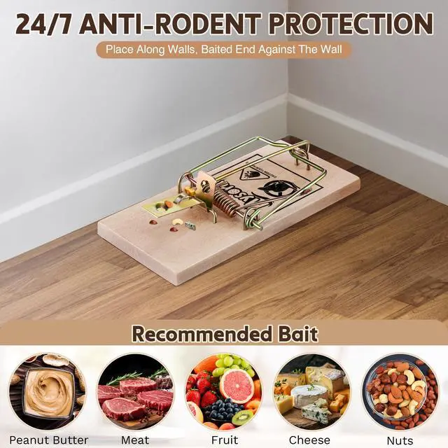 Alt view image 5 of 7 - Pack Wooden Mouse Traps, Humane Rat Trap with Metal Pedal, Sturdy Wood Base, Heavy Duty Reusable Mousetraps for Fast Capture of Mice, Rats & Rodents, Safe for Indoor & Outdoor Use