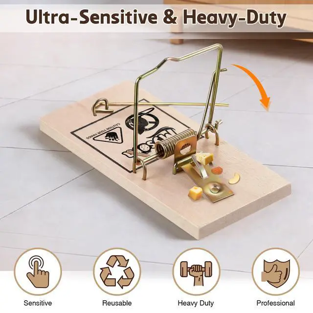Alt view image 2 of 7 - Pack Wooden Mouse Traps, Humane Rat Trap with Metal Pedal, Sturdy Wood Base, Heavy Duty Reusable Mousetraps for Fast Capture of Mice, Rats & Rodents, Safe for Indoor & Outdoor Use