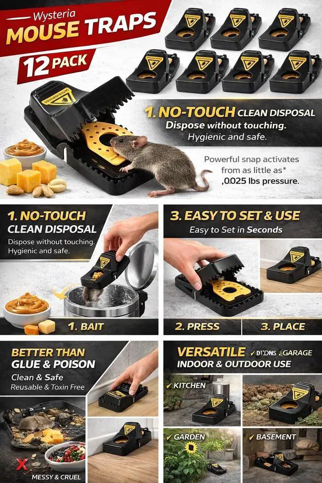 Alt view image 4 of 7 - Mouse Traps 12 Pack for Mice, Reusable Snap Traps Indoor for Home, No-Touch Safe Design, Quick Set Sensitive Trigger, Mice & Small Rat Catcher for Kitchen, Garage, Basement