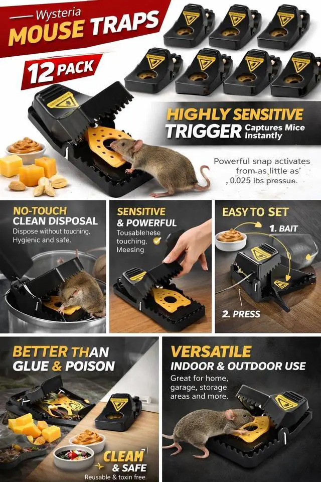 Alt view image 3 of 7 - Mouse Traps 12 Pack for Mice, Reusable Snap Traps Indoor for Home, No-Touch Safe Design, Quick Set Sensitive Trigger, Mice & Small Rat Catcher for Kitchen, Garage, Basement