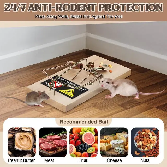 Alt view image 4 of 7 - Pack Large Wooden Mouse Traps, Heavy Duty Rat Snap Traps with Metal Pedal, Sturdy Reusable Mousetraps for Fast Capture of Large Rats & Rodents, Safe for Indoor & Outdoor Use
