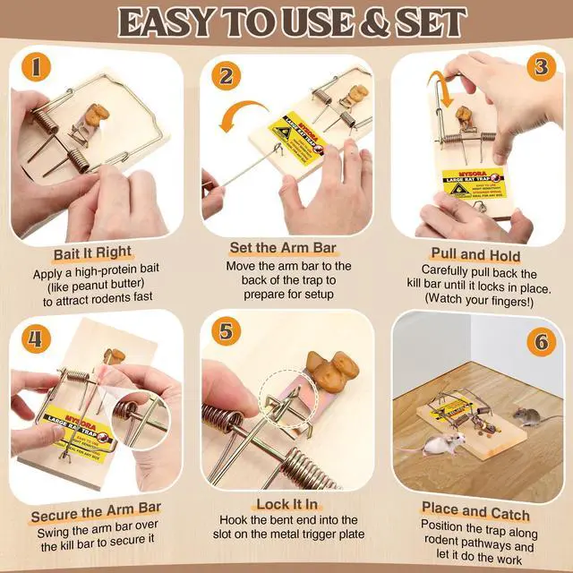 Alt view image 6 of 7 - Pack Large Wooden Mouse Traps, Heavy Duty Rat Snap Traps with Metal Pedal, Sturdy Reusable Mousetraps for Fast Capture of Large Rats & Rodents, Safe for Indoor & Outdoor Use