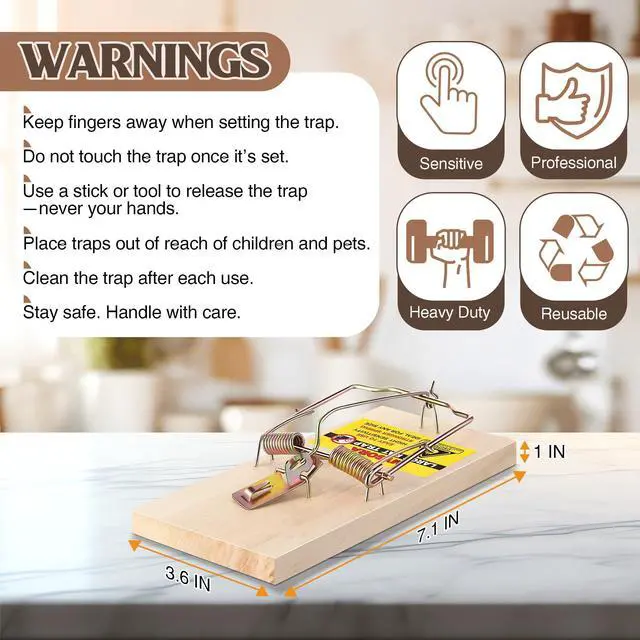 Alt view image 7 of 7 - Pack Large Wooden Mouse Traps, Heavy Duty Rat Snap Traps with Metal Pedal, Sturdy Reusable Mousetraps for Fast Capture of Large Rats & Rodents, Safe for Indoor & Outdoor Use