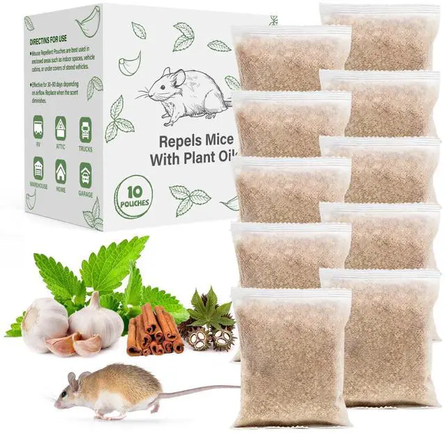 Main image of Pest Rodent Repellent Pouches, Peppermint Oil for Mouse, Roach, Ant, Spider, Squirrel, Mice, Rats, Pest Control Indoor Outdoor, Natural Mouse Deterrent Replace Traps Poison Family Pet Safe,10 Pack